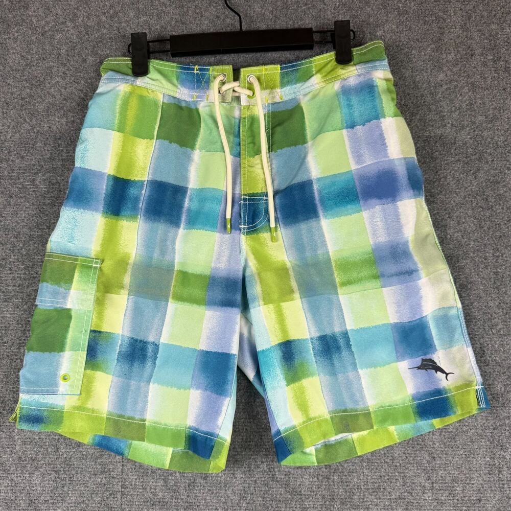 Board Shorts Tommy Bahama Men's Medium Blue Green Plaid Swim Trunks Island Life